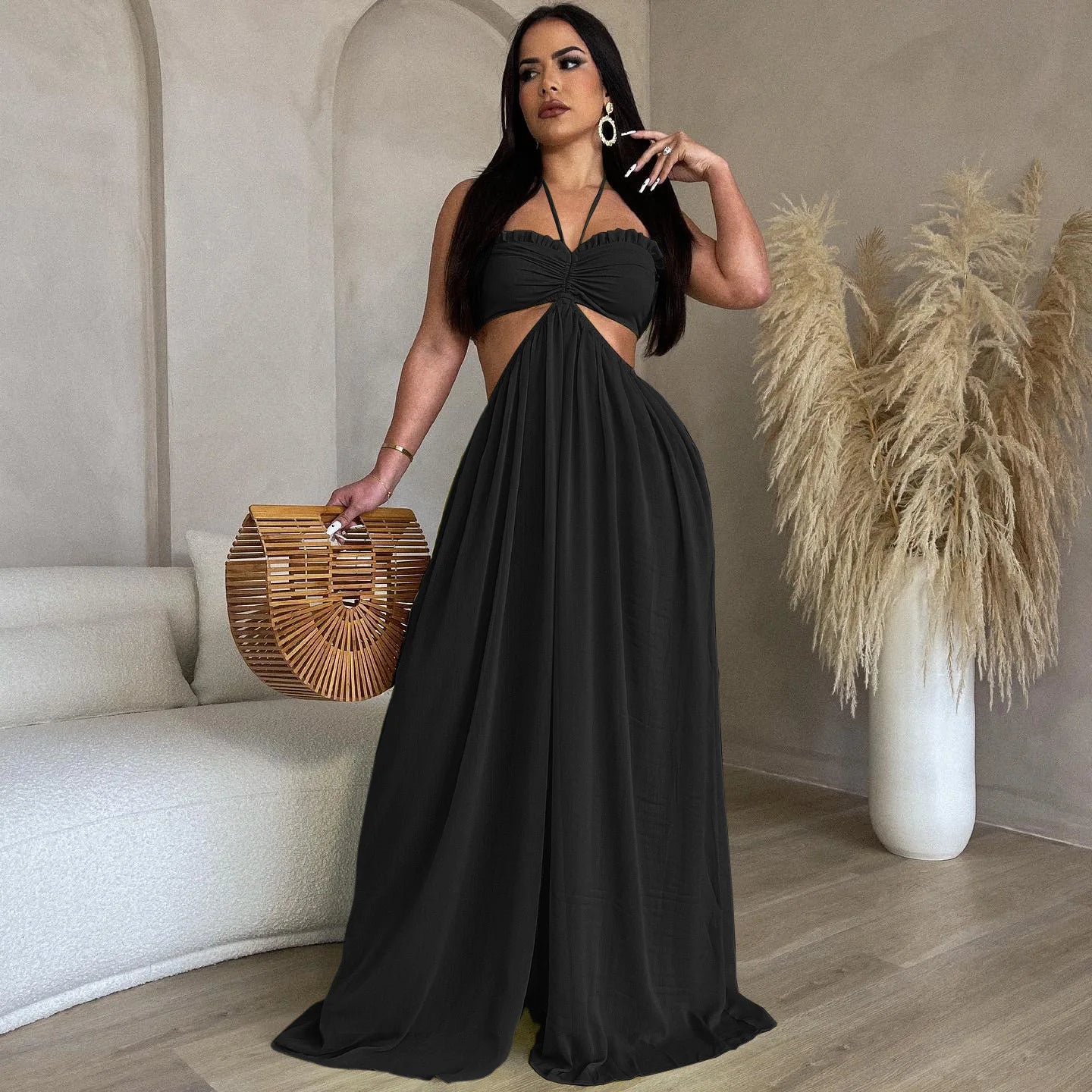 Summer Fashion Sexy Chiffon Wrapped Chest Bare Back Broadfoot Jumpsuit Women's Solid Color Casual Elegant Suspender Jumpsuit