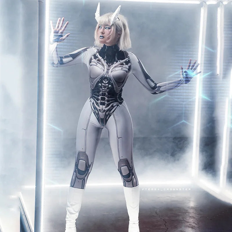 A person dressed in a futuristic, robotic costume with white and black detailing stands inside a lit-up frame, touching the edges with both hands while looking to the side, resembling an enigmatic character straight out of Maramalive™ Goth Dark 3D Printed Cosplay Bodycon Jumpsuits Y2k Techwear Long Sleeve Gothic Punk Playsuits Anime Women Mock Neck Zip Bodysuit.