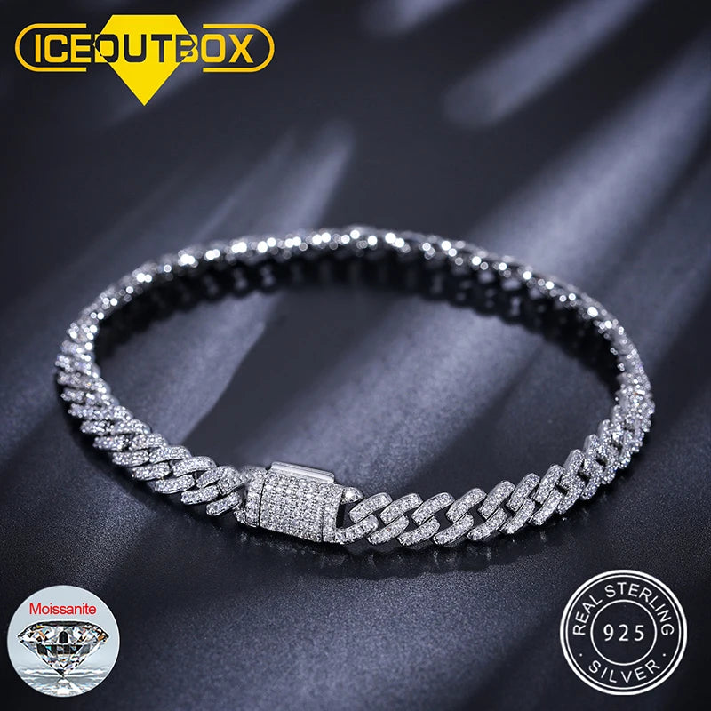Hip Hop Rock Solid 925 Sterling Silver Created Moissanite Diamonds Cuban Bracelets For Men Women Fine Jewelry 6MM