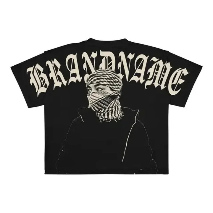 Black t-shirt featuring an illustration of a person with a scarf covering their face. Perfect for those who love Punk Hip Hop Graphic T Shirts Mens Vintage Y2k Top Harajuku Goth Oversized T Shirt Fashion Loose Casual Short Sleeve Streetwear, it's styled underneath the bold text "Maramalive™.