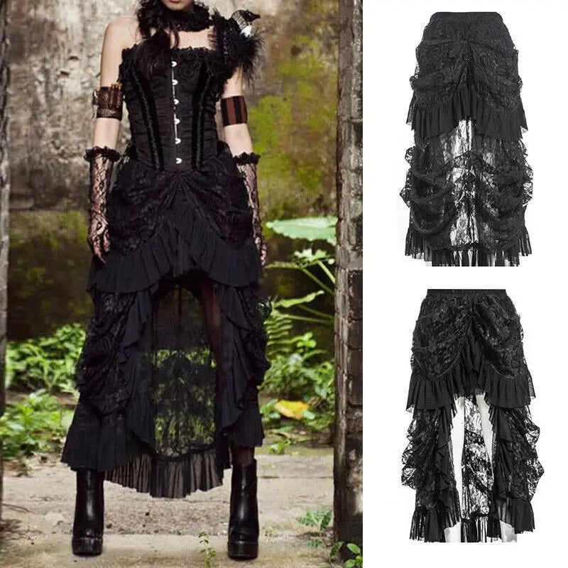 Women Retro Lace Up Ruffle Steampunk Gothic Goth Punk Rock Victorian Long Skirt