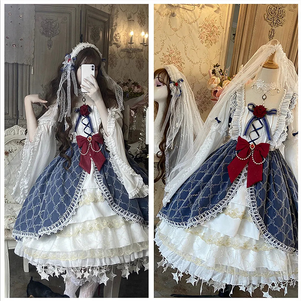 Vintage Soft Girl Cute Lace Bowknot Sweet Princess Lolita Dress  Elegant High Waist Victorian Dress Kawaii Girl Gothic Lolita Op
