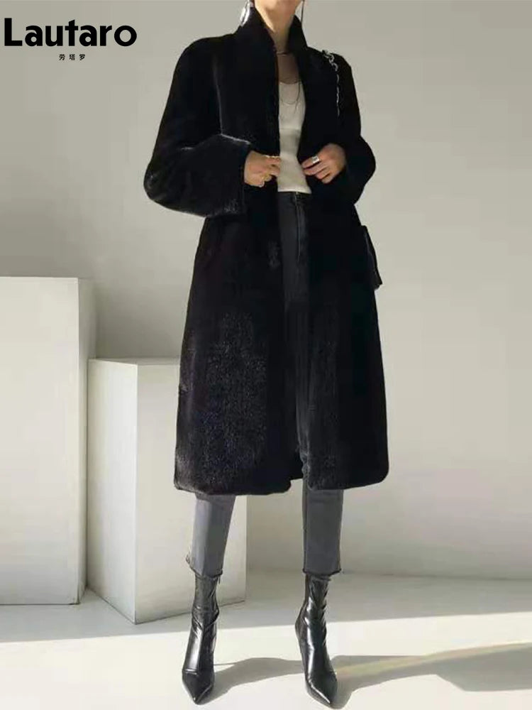 Winter Long Black Luxury Elegant Stylish Thick Warm Fluffy Hairy Soft Faux Mink Fur Coat Women Stand Collar Sashes