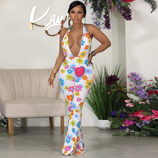Summer Casual Sexy Deep V White Flower Print Halter Jumpsuit Women Fashion Get Shot Mid-Waist Trousers Flared One Piece Jumpsuit