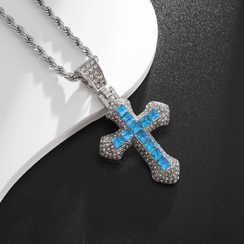 Exquisite Shiny Cross Square Crystal Zirconia Pendant Necklace for Women Men Fashion Hip Hop Party Luxury Jewelry Gift