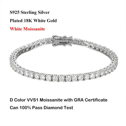 Real 2.5/3/4/5/6.5MM Full Moissanite Tennis Bracelet for Women Men S925 Silver Plated 18K Yellow Gold Diamond Bracelets