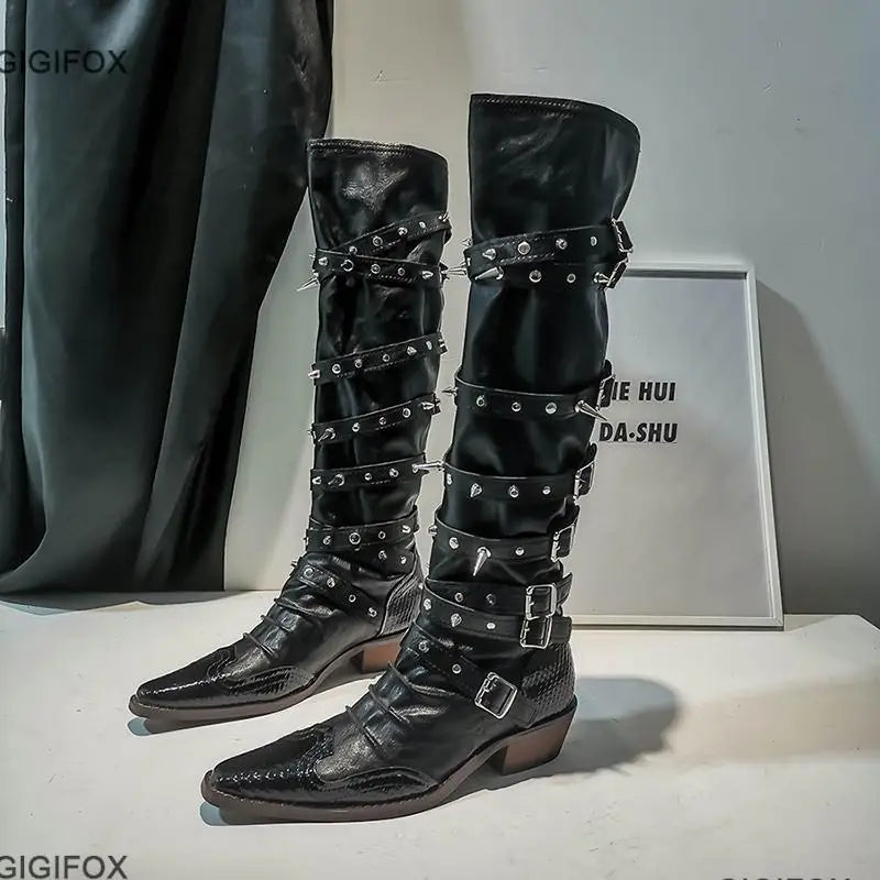 Biker Boots For Women Buckle Knee High Boots Pointed Toe Punk Motorcycle Goth Fashion Boots Winter Shoes Street Y2k
