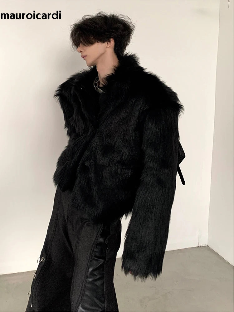 Winter Short Cool Thick Warm Soft Black Hairy Faux Fox Fur Coat Men Long Sleeve Luxury Designer Fluffy Jacket 2023