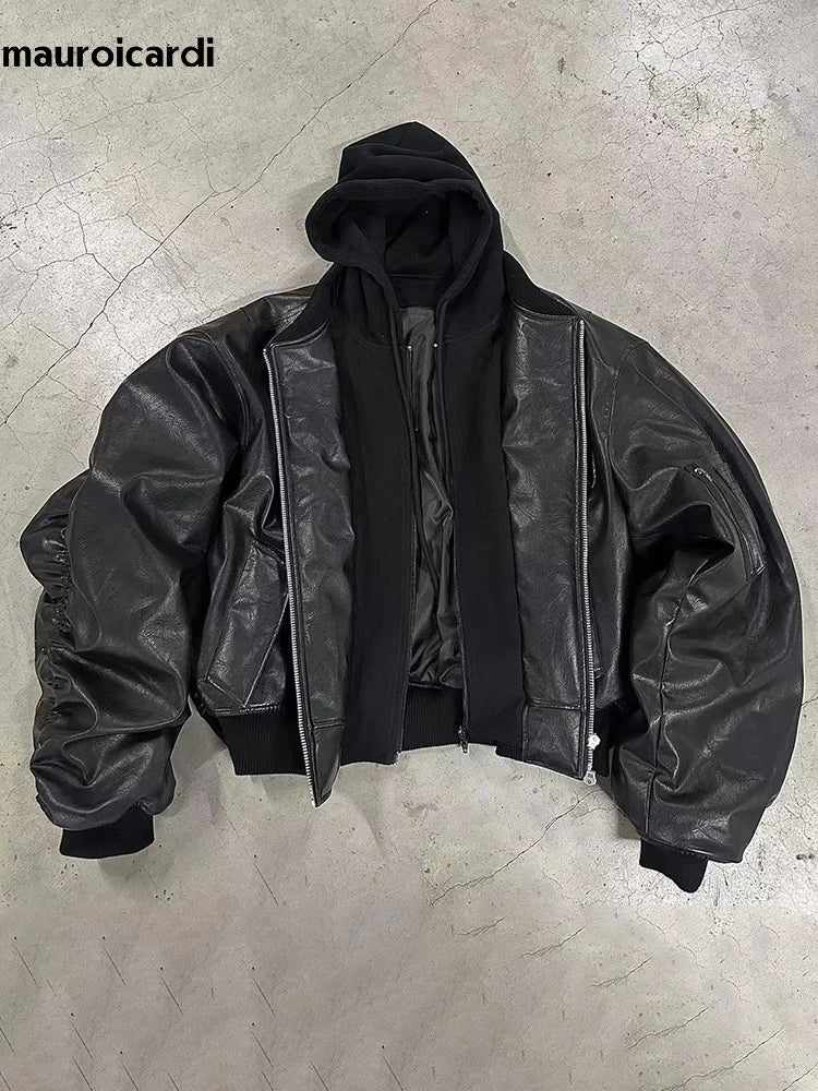 Oversized Cool Black Thickened Warm Pu Leather Bomber Jacket Men Hood Luxury Designer Fake 2 Clothes