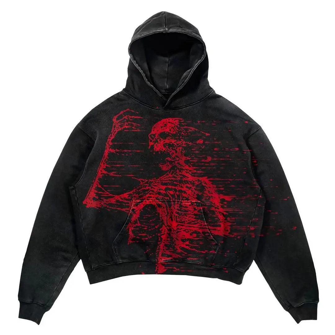 A black hooded sweatshirt featuring a red graphic of a skeletal figure on the front, perfect for those who love retro hoodies, like the Explosions Printed Skull Y2K Retro Hooded Sweater Coat Street Style Gothic Casual Fashion Hooded Sweater Men's Female from Maramalive™.