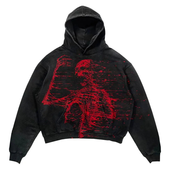 Black hooded sweatshirt with a red, abstract skeleton design on the front, perfect for those who love retro hoodies. Enjoy the unique style of the Maramalive™ Explosions Printed Skull Y2K Retro Hooded Sweater Coat Street Style Gothic Casual Fashion Hooded Sweater Men's Female.