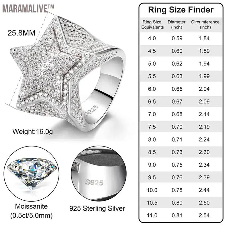 S925 Five Star Moissanite Men Rings Luxury 925 Sterling Silver Ring For Women D VVS Round Moissanite Diamond Hip Hop Jewelry