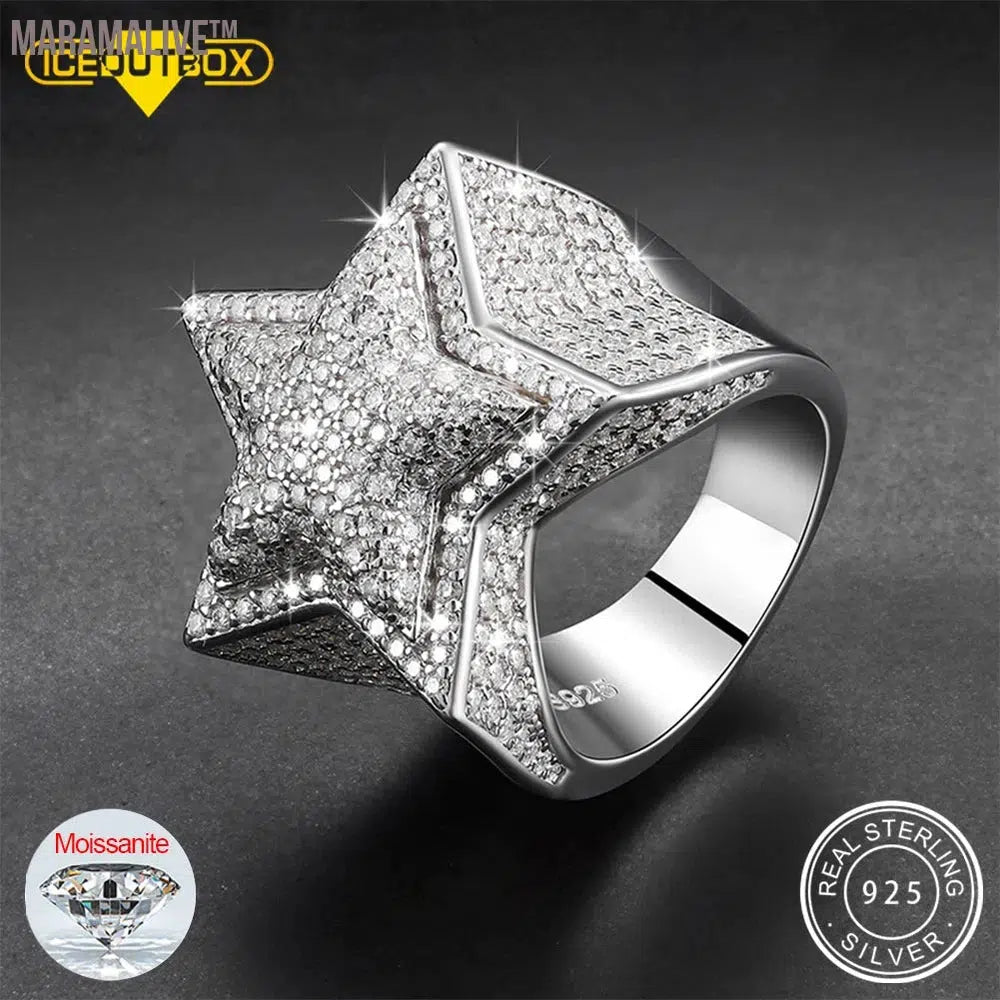 S925 Five Star Moissanite Men Rings Luxury 925 Sterling Silver Ring For Women D VVS Round Moissanite Diamond Hip Hop Jewelry