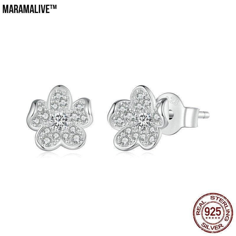 S925 Sterling Silver Flower Zircon Inlaid Stud Earrings