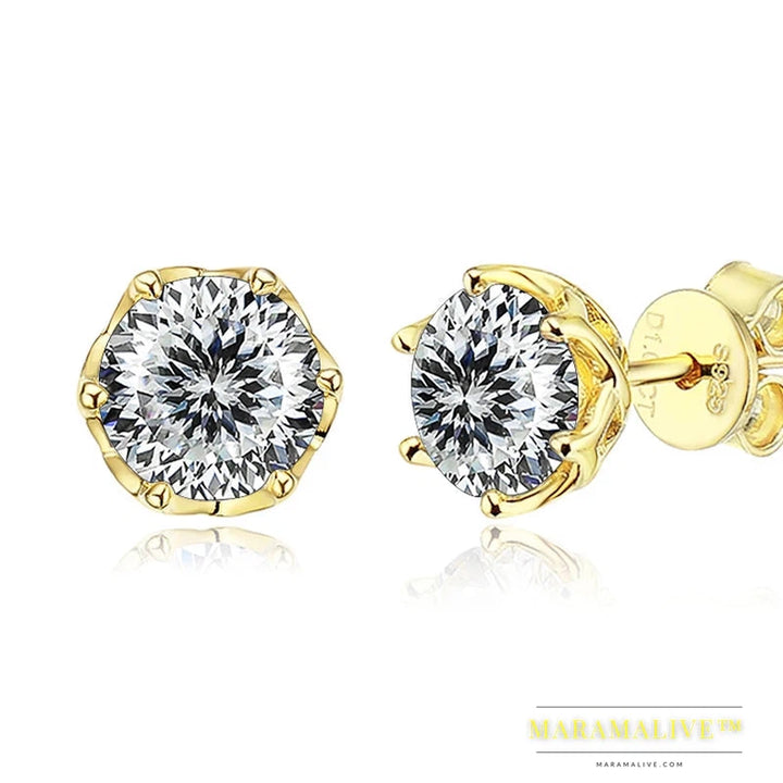 S925 Sterling Silver Gold Plated D Color Moissanite Stud Earrings For Women Top Quality Sparkling Wedding Jewelry