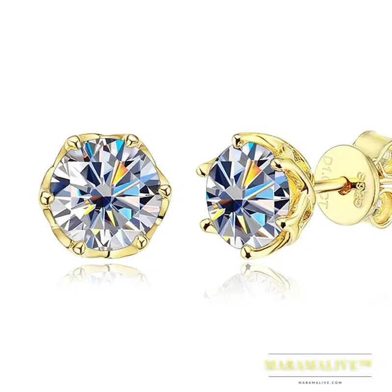 S925 Sterling Silver Gold Plated D Color Moissanite Stud Earrings For Women Top Quality Sparkling Wedding Jewelry