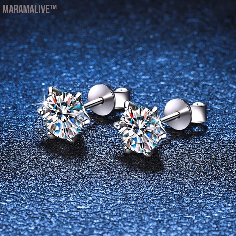 S925 Sterling Silver Moissanite Earrings 0.5-2ct D 6 Prong Diamond Moissanite Screw Stud For Women Wedding Fine Jewelry