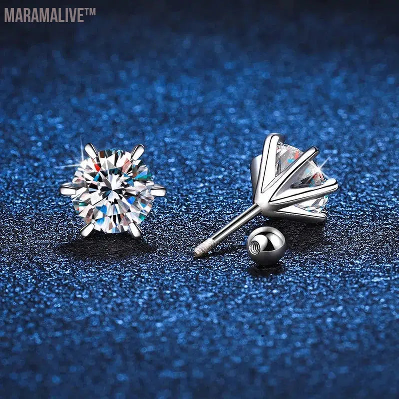 S925 Sterling Silver Moissanite Earrings 0.5-2ct D 6 Prong Diamond Moissanite Screw Stud For Women Wedding Fine Jewelry