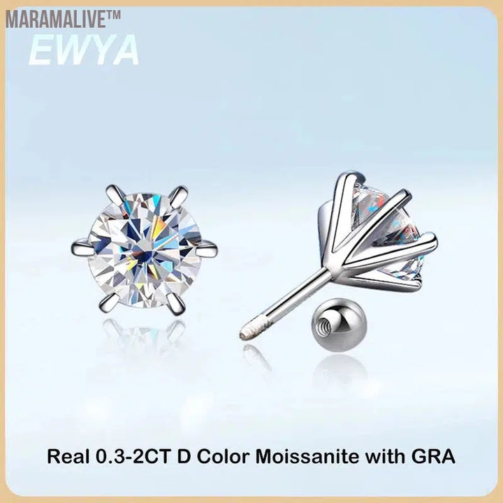 S925 Sterling Silver Moissanite Earrings 0.5-2ct D 6 Prong Diamond Moissanite Screw Stud For Women Wedding Fine Jewelry