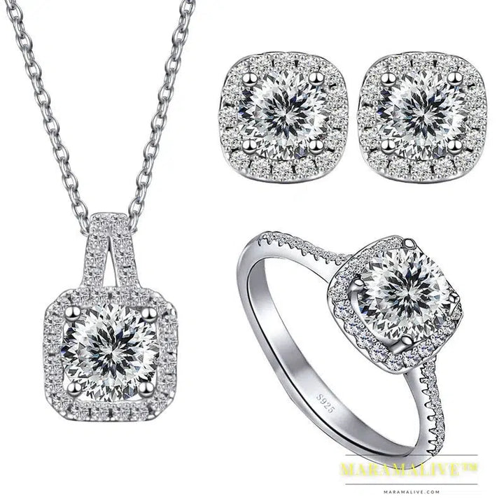 S925 Sterling Silver jewelry for women 1 carat moissanite diamond 3 pieces set necklace ring earrings wedding party