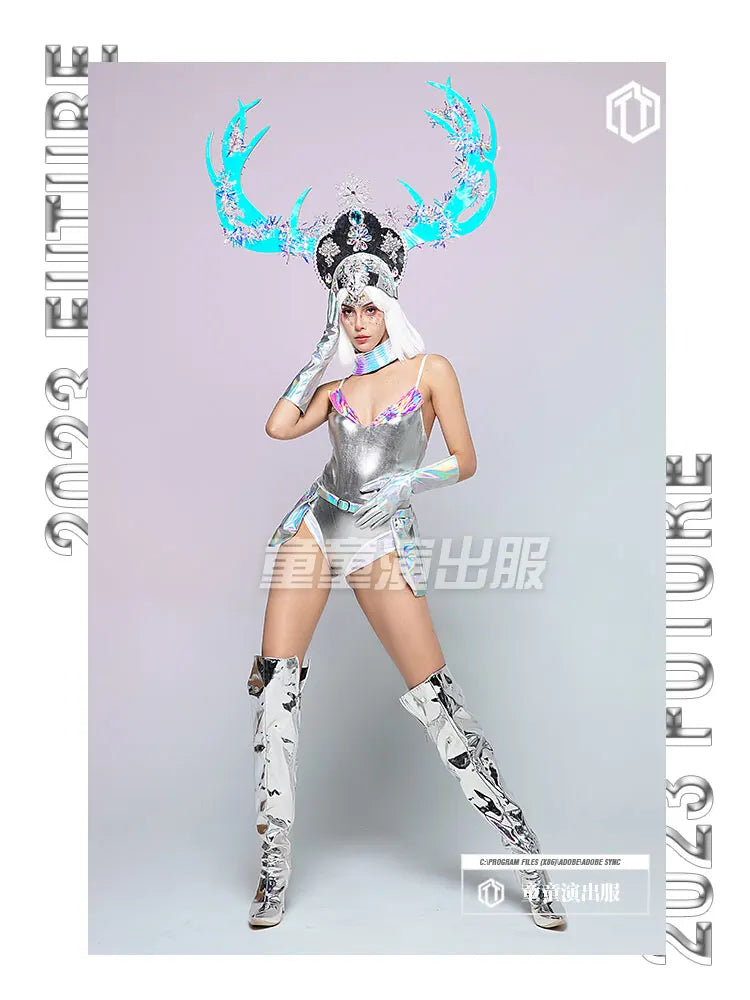 Cosplay Anime Antler costume Silver Sling Glove girl battle suit Drag Costumes Show Party  Drag Queen Club Special Ocassion rave