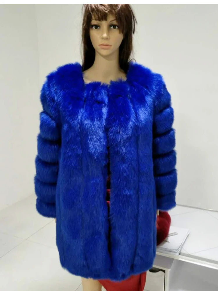 Luxury Faux Fox Fur Coat Slim Long Pink Red Blue Faux Fur Jacket Women Fake Fur Coats Manteau Fourrure