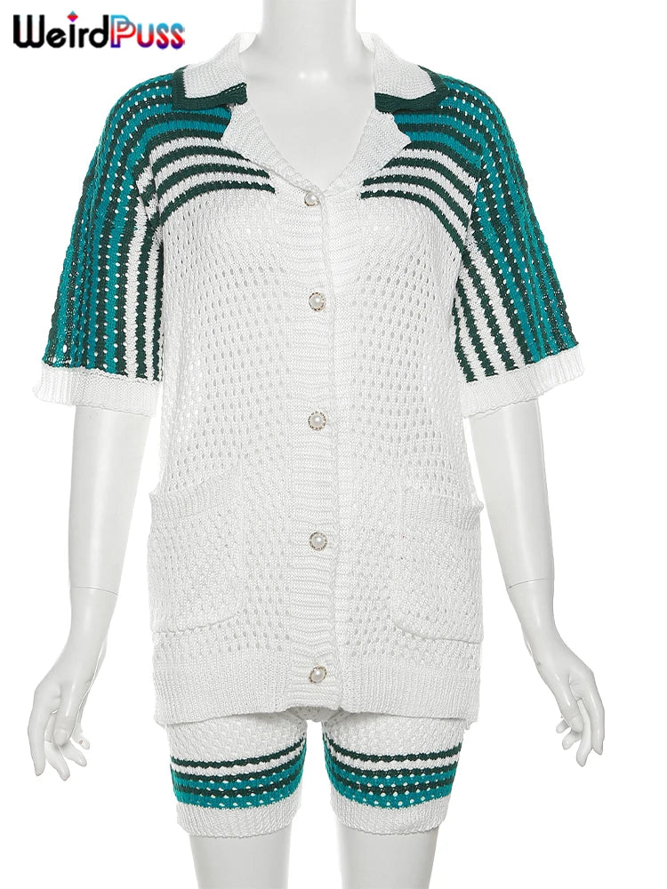 A mannequin wears a Maramalive™ Crochet Women 2 Piece Set Thin Casual Polo Neck Button Blouse Tops+Bike Shorts Elastic Streetwear Matching Outfits. As part of the Summer 2023 women's clothing collection, this high stretch fabric ensemble promises comfort and style for any occasion.
