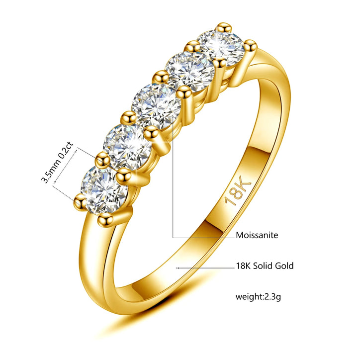 Image of a stunning 18K gold ring labeled "18K" featuring five round moissanite stones. Each stone is 3.5mm in size and 0.2 carats, making it perfect for elegant wedding bands. The ring's total weight is 2.3 grams, offering both beauty and comfort. This exquisite piece, known as the "With Certificate Original Solid 18K Gold Moissanite Ring For Women 5 Stone Luxury Wedding Jewelry With Stamp Gift Female," is from the prestigious brand Maramalive™.
