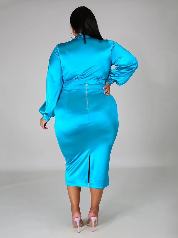 Plus Size Women Clothing Outfits Long Sleeve Bodysuit Satin Matching Set Fashion Two Piece Dress Set