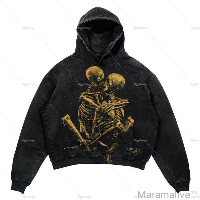 Explosions Printed Skull Y2K Retro Hooded Sweater Coat Street Style Gothic Casual Fashion Hooded Sweater Men's Female