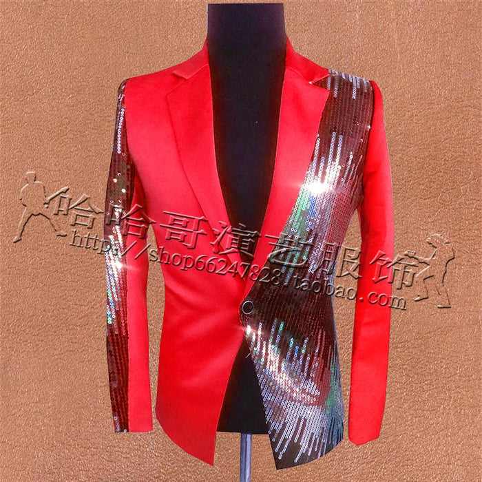 8 Colours Large Size XS-5XL Men's Dress Suit Clothing Stage Half-Sequin Male Singer Emcee Host Costume Slim Blazer Mujer Homme