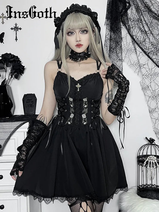 Gothic Sexy Black V Neck Lace Up Dress Y2K Aesthetic Grunge Punk High Waist Lace Trim Corset Dresses Ladies Party Dress