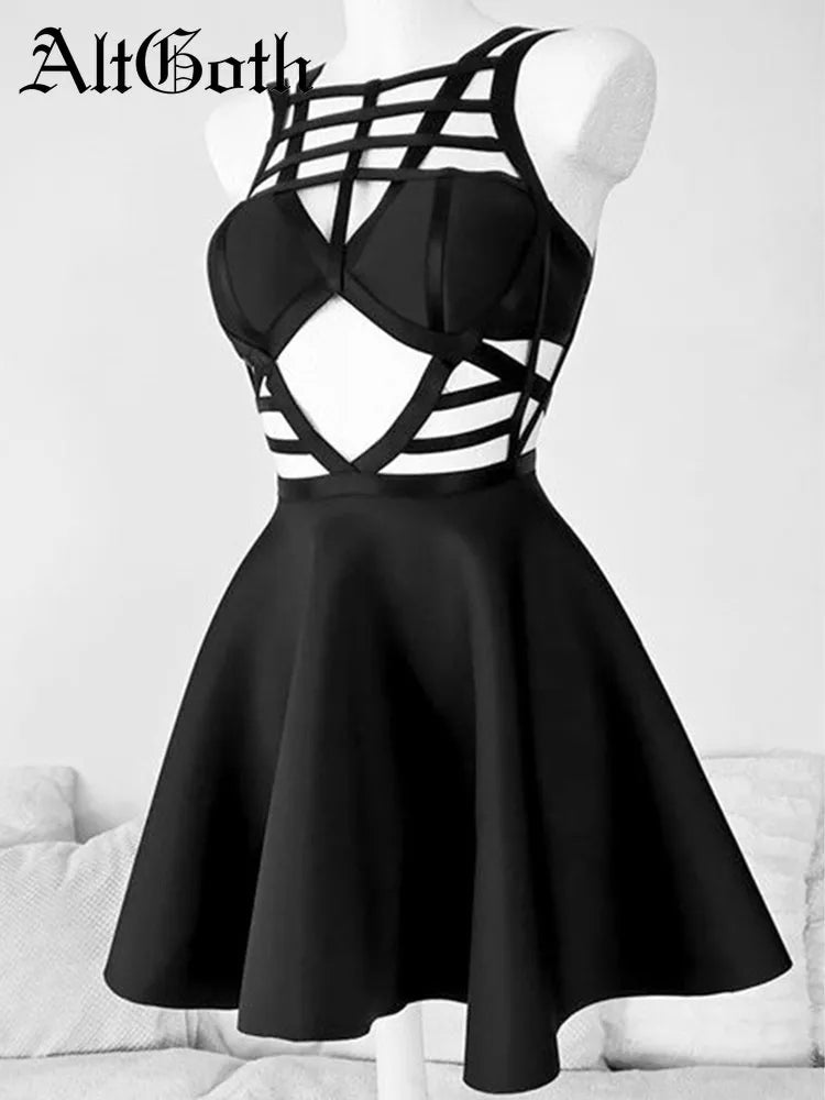 A mannequin displays a black gothic dress with intricate spaghetti strap designs on the bodice and a flared skirt. The text "Mall Goth Sexy Corset Dress Women Vintage Streetwear Hollow Out Criss-cross A-line Dress Emo Alt Grunge Elf Girl Dress by Maramalive™" is written in the top left corner.