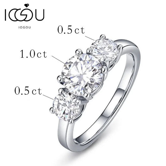 Real D Color VVS1 Round 2.0ctw Moissanite 3-Stone Ring 925 Pure Silver Jewelry Certified for Women Wedding Engagement Gift