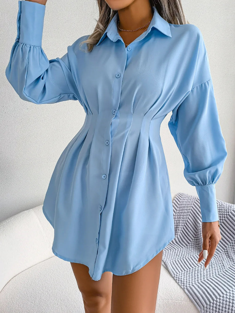 Casual Lantern Sleeves Tucked Waist Asymmetrical Shirt Dress Ladies Solid Color Stylish Elegant Button-Down Shirt Short Dresses