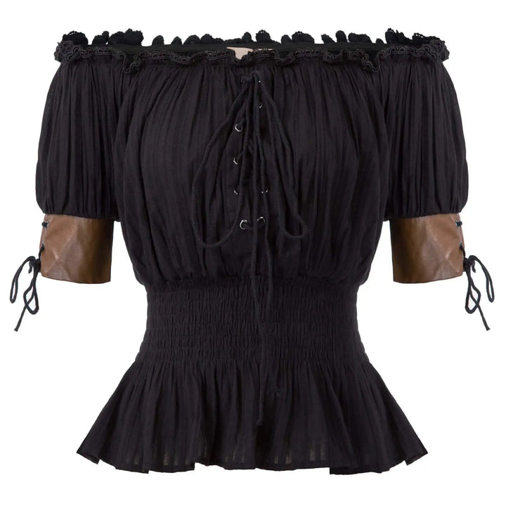 A black, off-shoulder, peasant-style blouse with a lace-up front detail and smocked waist. Perfect for women's tops in medieval costumes, it features brown leather accents on the sleeves tied with black ribbon. This is the Medieval Women's Vintage Blouse Retro Steampunk Top Victorian Half Sleeve Off Shoulder Shirts Sweet Loose Clothes Female by Maramalive™.