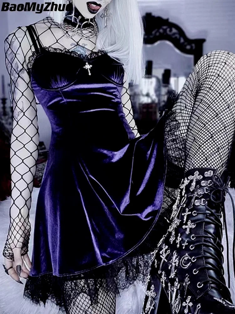 Velvet Gothic Sexy Black Mini Dress Women Vintage Spaghetti Strap High Waist Dresses Aesthetic Elegant Goth Party Club Dress