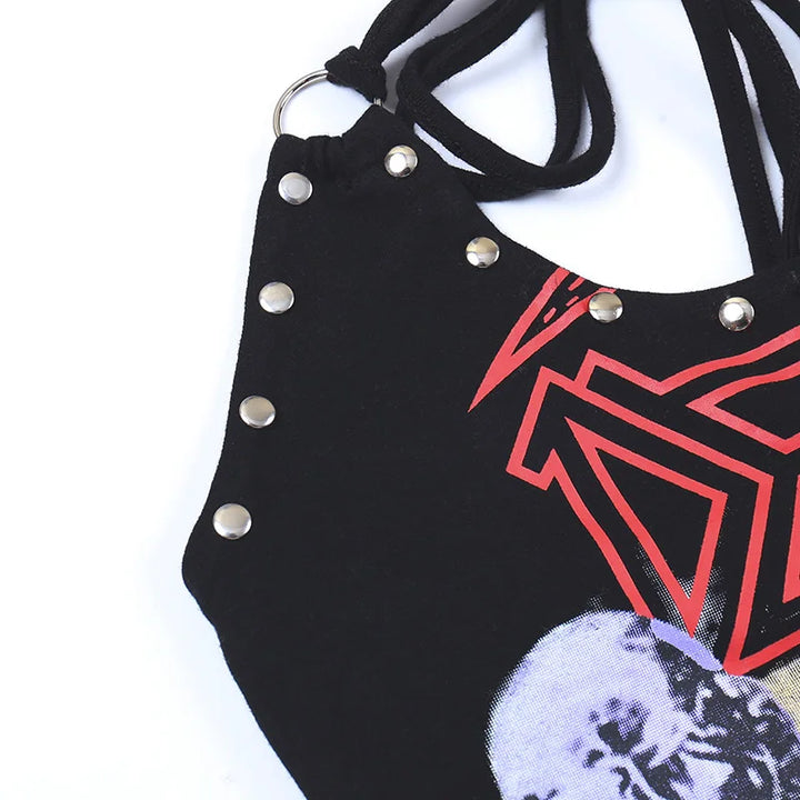 Close-up of a Maramalive™ Goth Cross Print Lace Bodycon Crop Tops Camis Sexy Y2K Aesthetic Black Red Basic Corset Tank Top Summer Clothes for Women Girls featuring silver stud detailing and a graphic print with red and white elements, evoking a subtle gothic vibe.