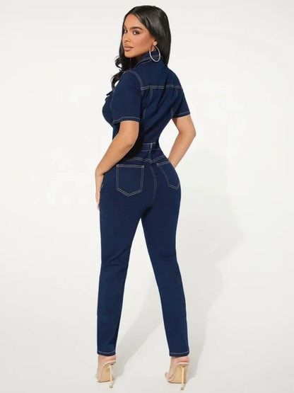 Women's Fashion Denim Jumpsuit Ladies Winter Solid Color Short Sleeved Lapel Single-Breasted Jeans Jumpsuit For Women