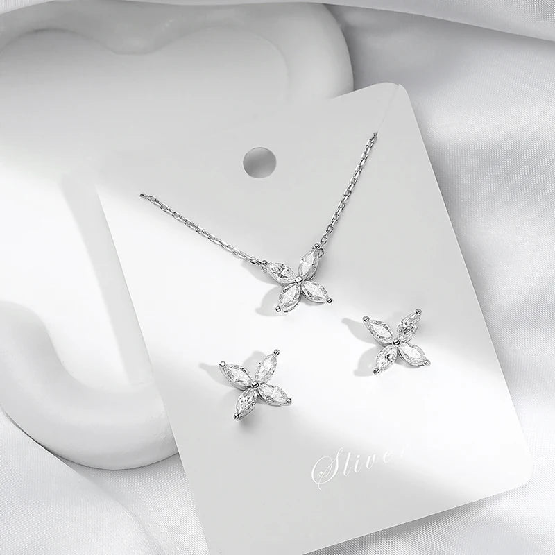 Maramalive™ 100% 925 Sterling Silver Moissanite Diamond Butterfly Pendant Necklace Earrings For Women Sparkling Fine Jewelry Set Gift featuring a necklace and matching moissanite earrings in a butterfly-shaped design on a white card background, crafted from fine 925 sterling silver.