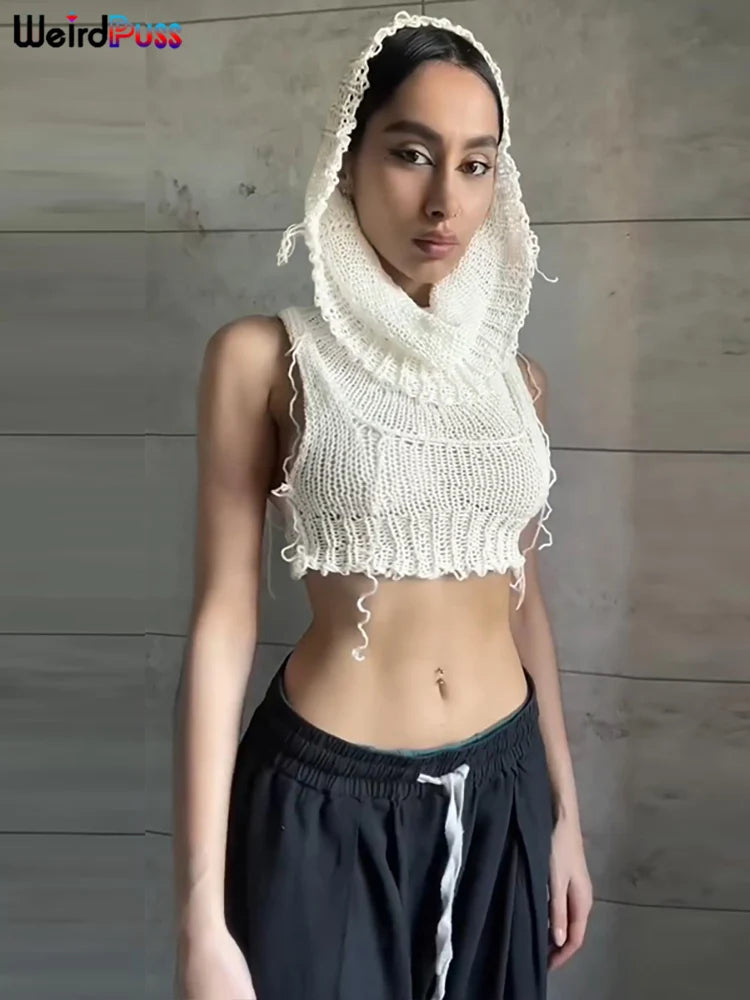 A person models a Knit Hooded Tank Top Y2K Women Solid Crochet Sleeveless Sexy Navel Camisole Stretch Skinny Street Hipster Wild Vest and black loose pants in front of a neutral tiled wall, showcasing the Y2K style. The brand Maramalive™ is prominently displayed in the top left corner.