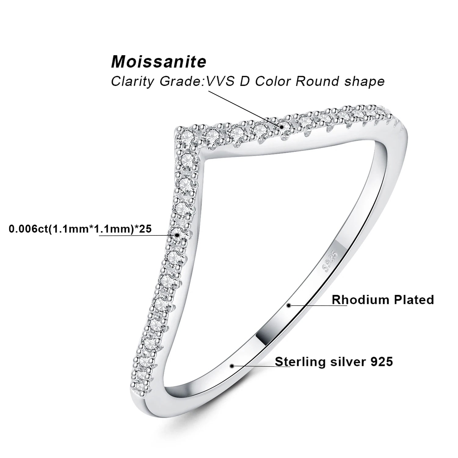 Moissanite Round Cut 925 Sterling Silver V Shape Stackable Wedding Ring for Woman Yellow Rose Gold Plated