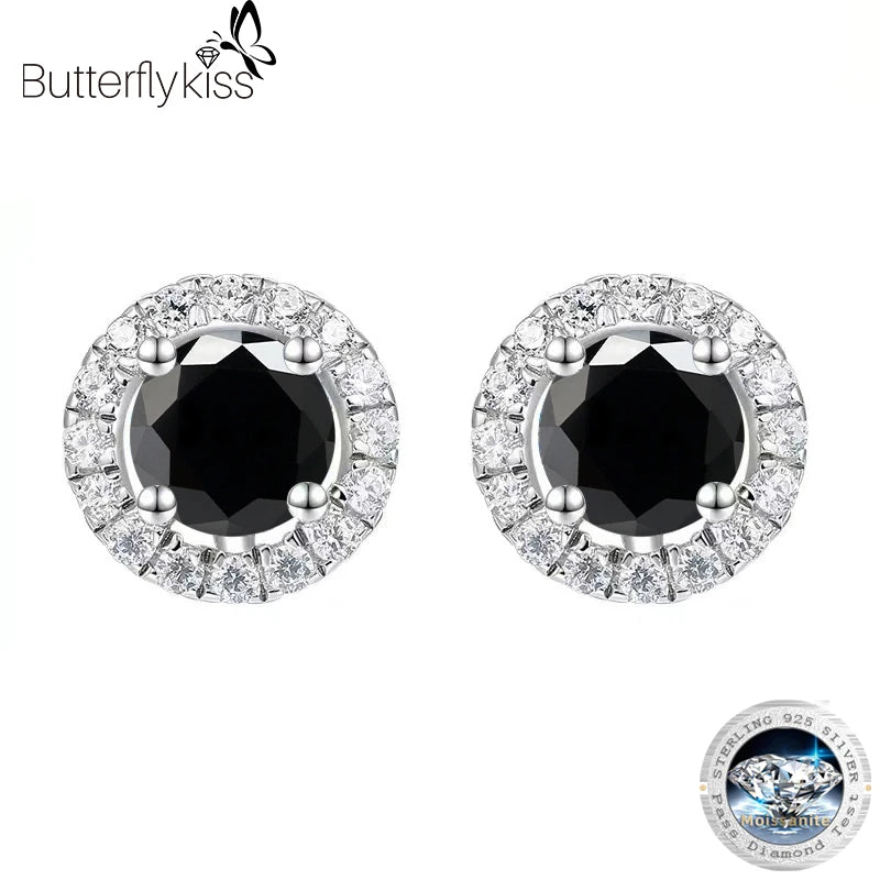 Butterflykiss S925 Sterling Silver Four Claw 1.0Carat A Pair Black Moissanite Stud Earring Fine Jewelry For Women Exquisite Gift