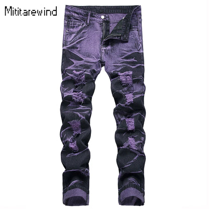 High Street Ripped Jeans for Men Four Seasons Causal Denim Pants Personalized Purple Black Straight Jeans Fashion Youth Trousers