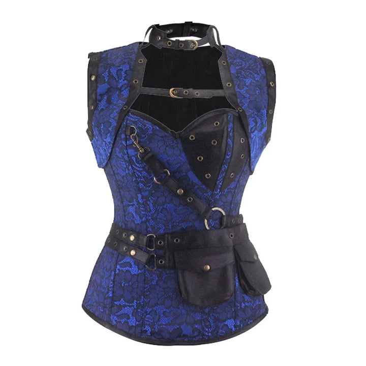 A blue and black Retro Jacquard Floral Corsets Top Steampunk Women Sexy Goth Corset Overbust Gothic Bustier Bodice Femme Punk Clothing Plus Size with lace detailing, leather straps, metal buckles, 14 plastic bones for added support, and a small attached pouch from Maramalive™.