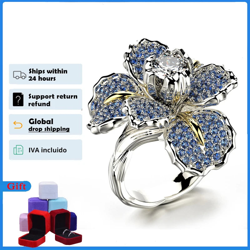 925 Silver Color Ring For Women Mosaic Full Loose Moissanite Iris Two Tone Blue Topaz Flower Party Cocktail Jewelry Ring