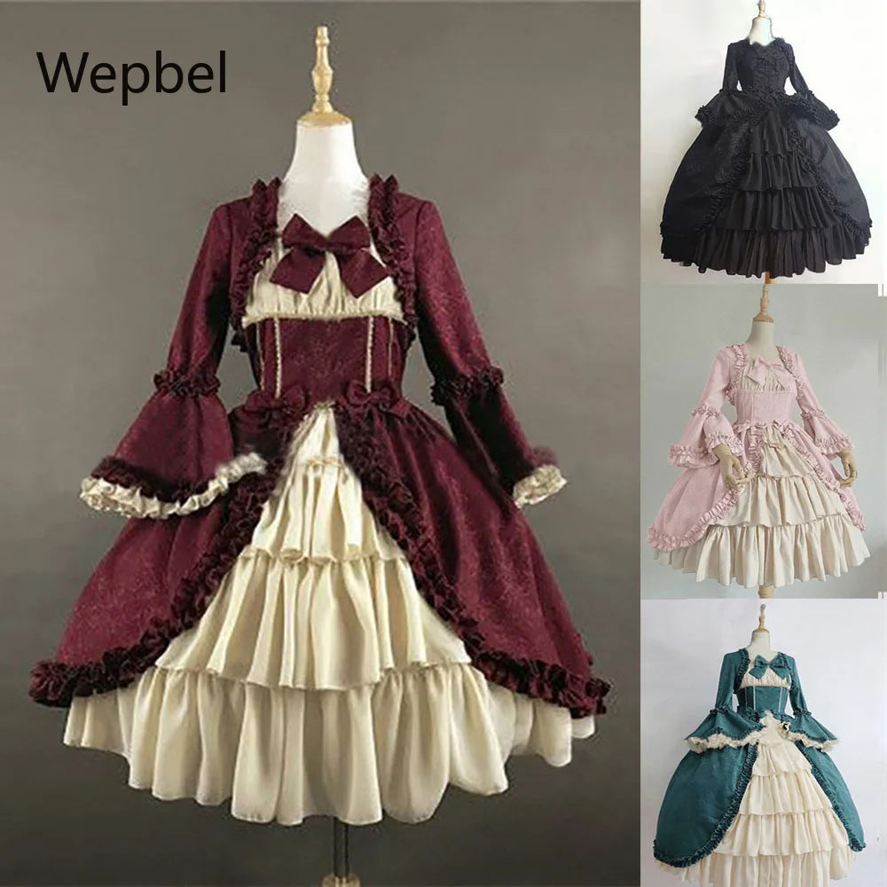 Vintage Gothic Court Dress Bow Lolita Dresses Medieval Square Collar Waist Hugging Stitching Ruffle Cute Puffy Dress