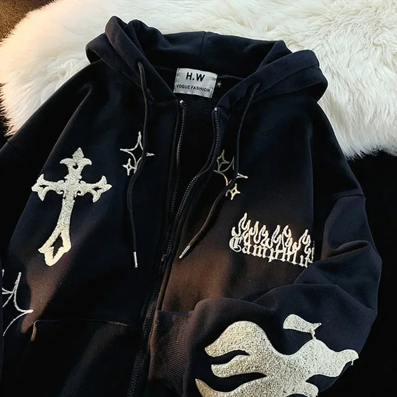 A black oversized zip-up hoodie featuring designs of a cross, flames, and a bird. This Embroidery Sweatshirt Women Oversized Zip-Up Hoodies Gothic Hip Hop Hooded Streetwear Female Hoodie Y2k Full Jacket displays the label "Maramalive™" on the collar tag, seamlessly blending edgy style with modern flair.