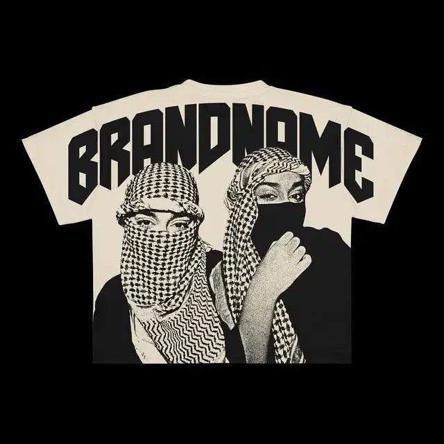 Illustration of two individuals wearing keffiyehs and face coverings printed on a beige, oversized t-shirt with bold black text reading "Maramalive™" at the top. This Punk Hip Hop Graphic T Shirts Mens Vintage Y2k Top Harajuku Goth Oversized T Shirt Fashion Loose Casual Short Sleeve Streetwear merges vintage Y2k vibes with contemporary streetwear aesthetics.