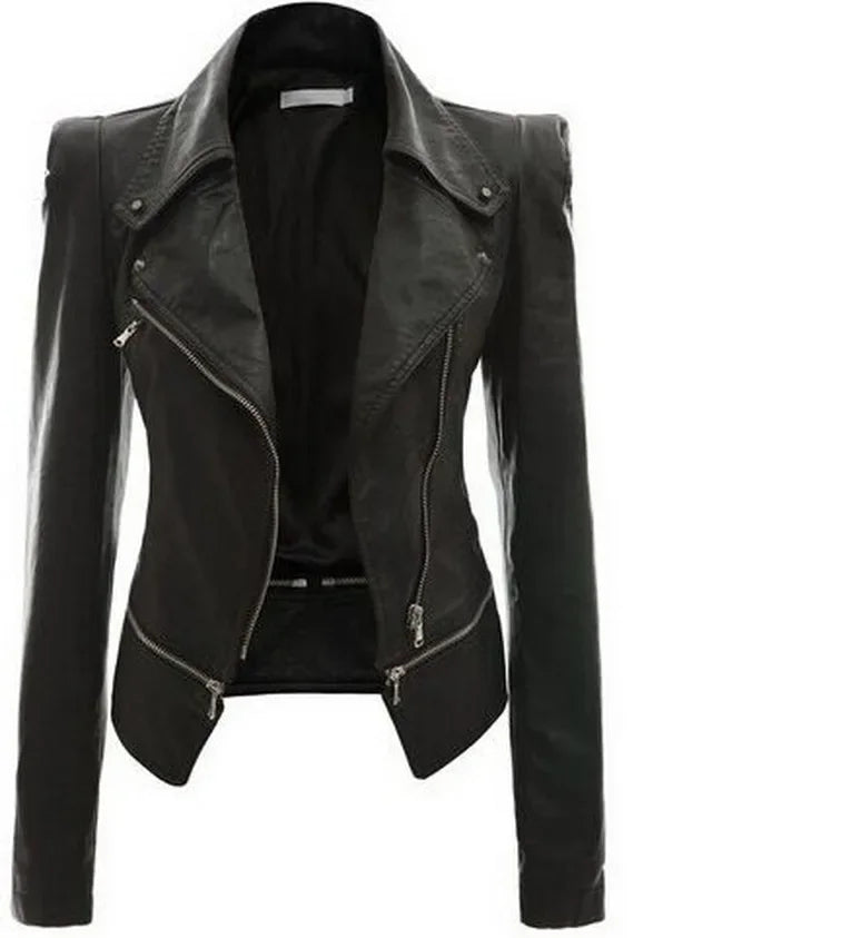 Black, edgy, gothic-style faux leather jacket.